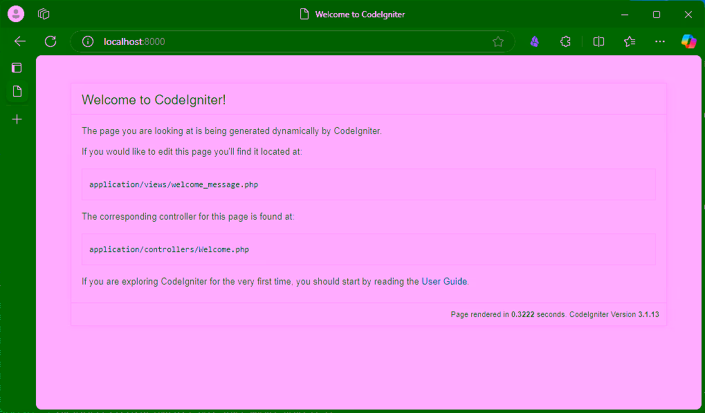 Tampilan aplikasi codeigniter running dengan docker