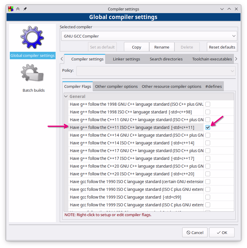 Setting flag di codeblocks