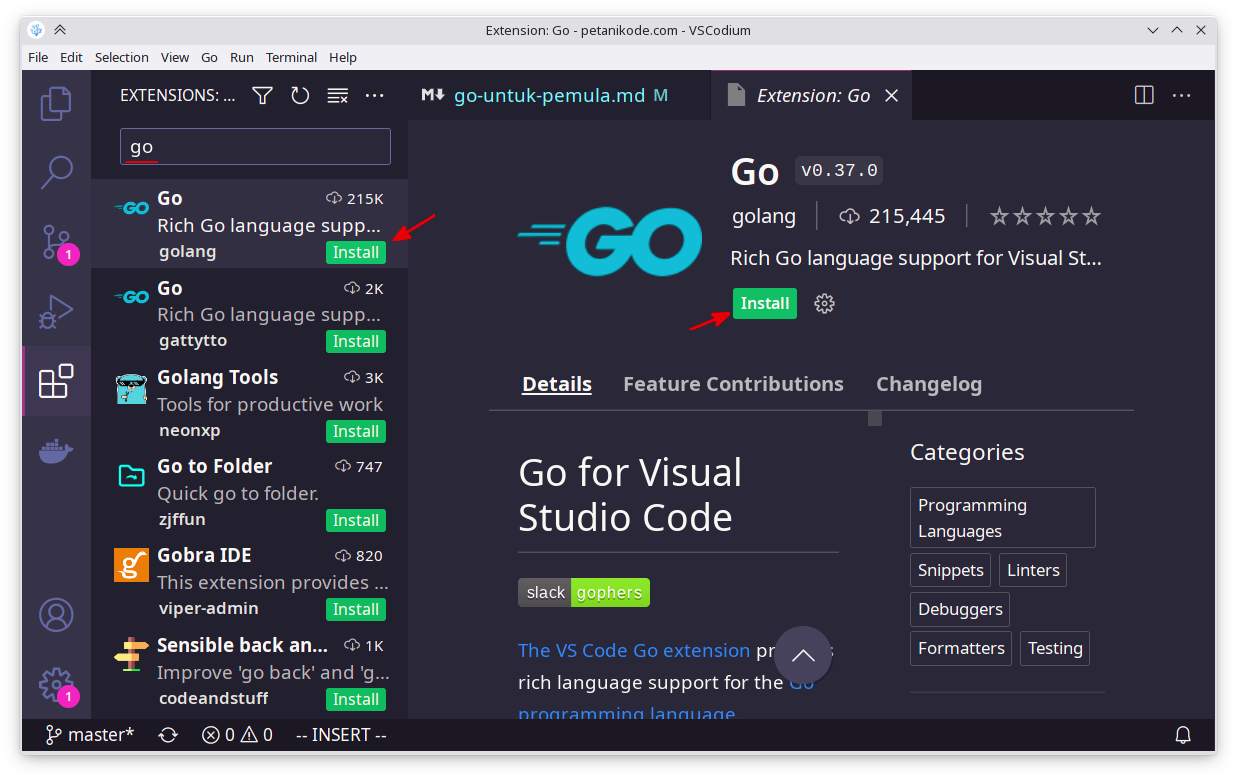 Extension Golang di VS Code
