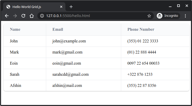 gridjs hello world