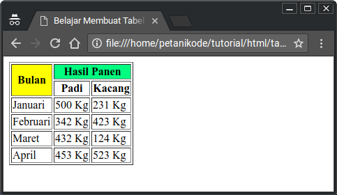 Penggabungan sel dengan rowspan dan colspan