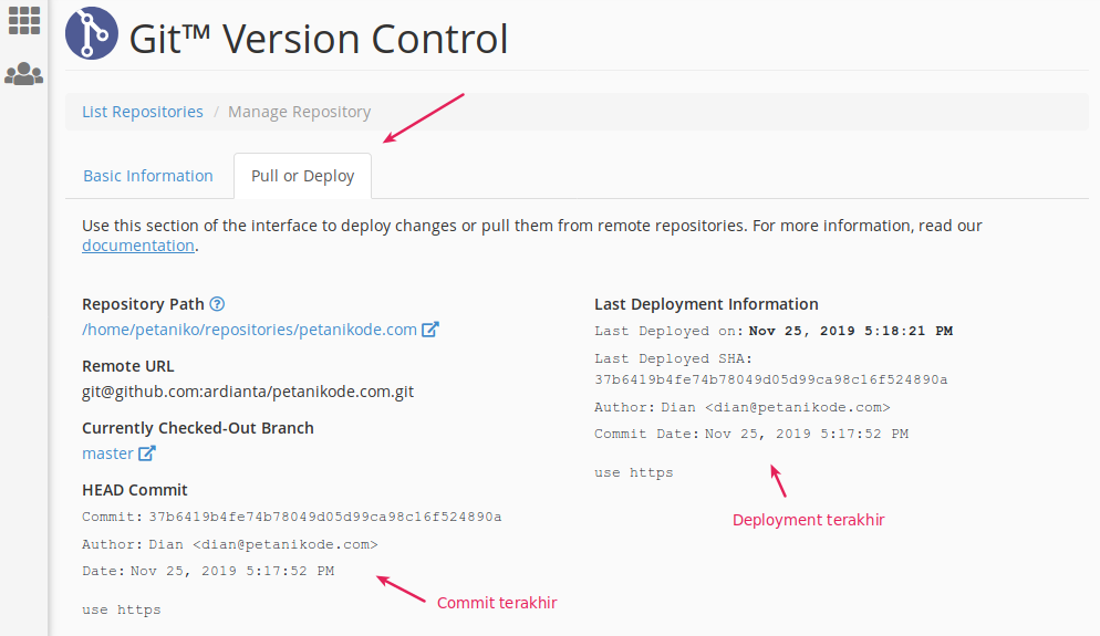 Manage repo git di CPanel