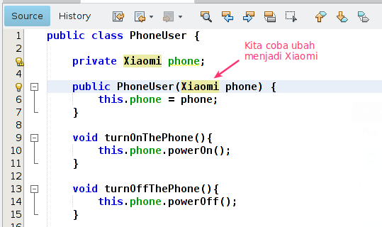 Class PhoneUser menggunakan Xiaomi