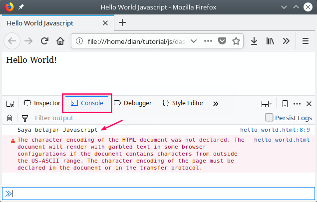 Program hello world di console javascript