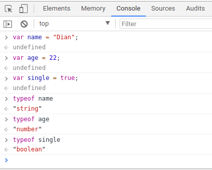 Mengecek tipe data variabel