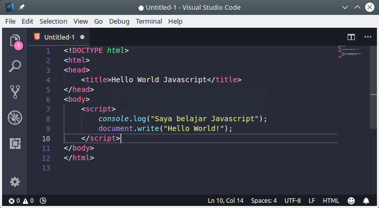 Menulis program javascript di teks editor VS Code