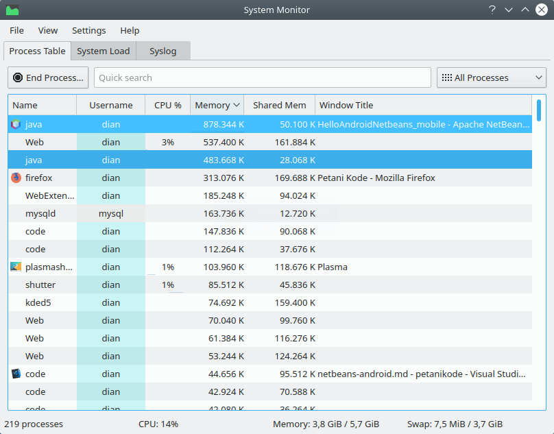 Proses Netbeans pada System Monitor