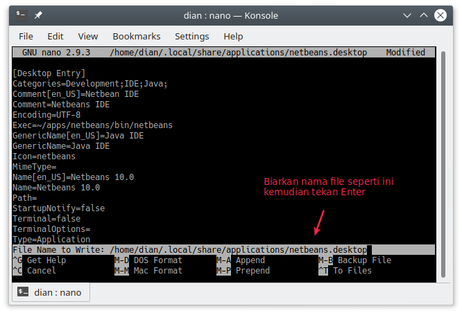 Menyimpan file di nano