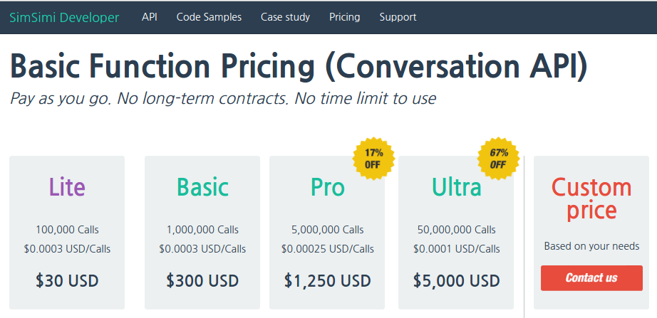 Price of the Key Simsimi API package
