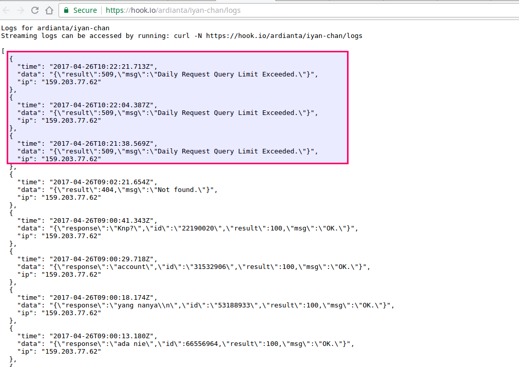 Logs Bot di Hook.io